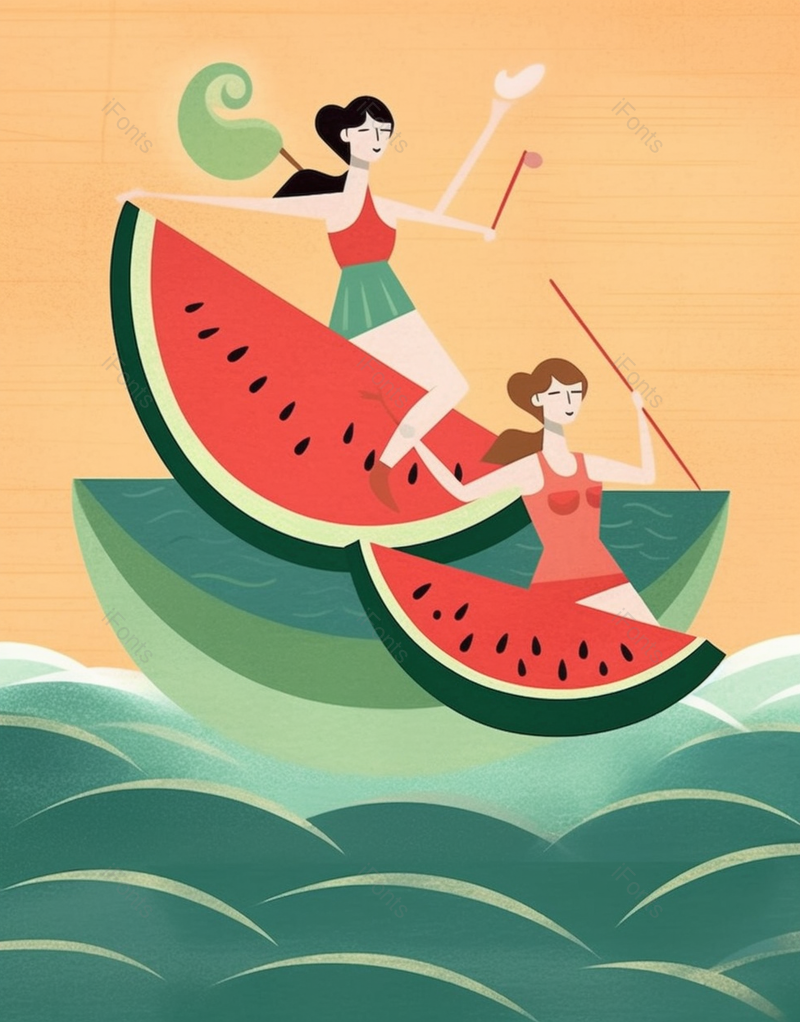 海水夏天小暑裙子女孩们乘船漂流冒险西瓜水果插画,插画/手绘图,插画/手绘图库,插画/手绘图下载,插画/手绘
